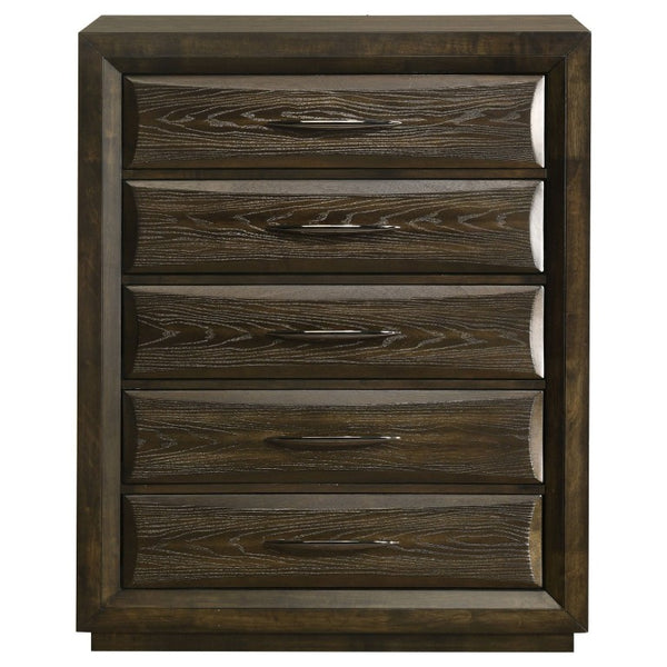 English Elm Meridian Transitional Queen Bedroom Set with Upholstered Bed Dresser and Oak Finish B2777S00238