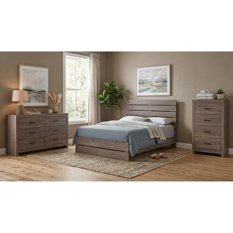 English Elm Kingsley Queen Platform Bedroom Set with Slatted Headboard and Barrel Oak Finish B2777S00241