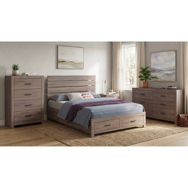 English Elm Kingsley Barrel Oak Queen Bedroom Set with Platform Bed Dresser and Storage Chest B2777S00242