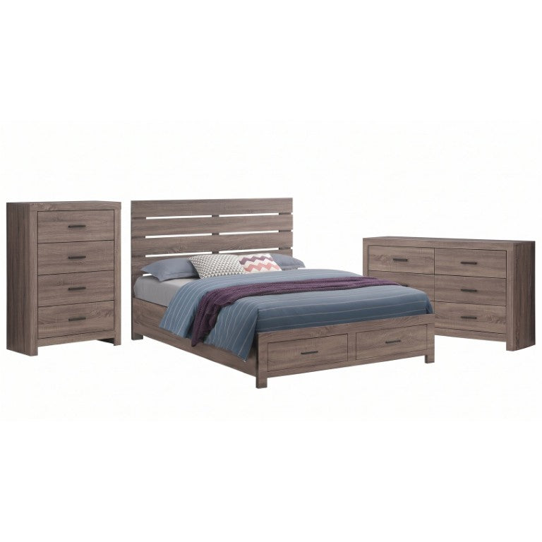 English Elm Kingsley Barrel Oak Queen Bedroom Set with Platform Bed Dresser and Storage Chest B2777S00242