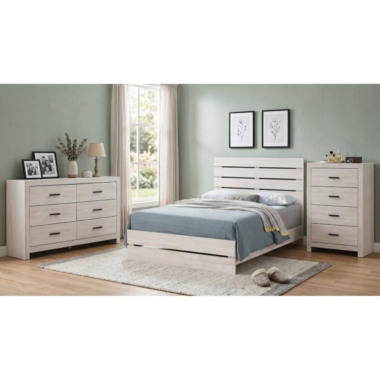 English Elm Kingsley Coastal White Queen Bedroom Set with Slatted Headboard and Bronze Pulls B2777S00244