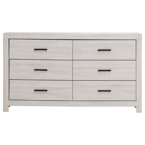 English Elm Kingsley Coastal White Queen Bedroom Set with Slatted Headboard and Bronze Pulls B2777S00244