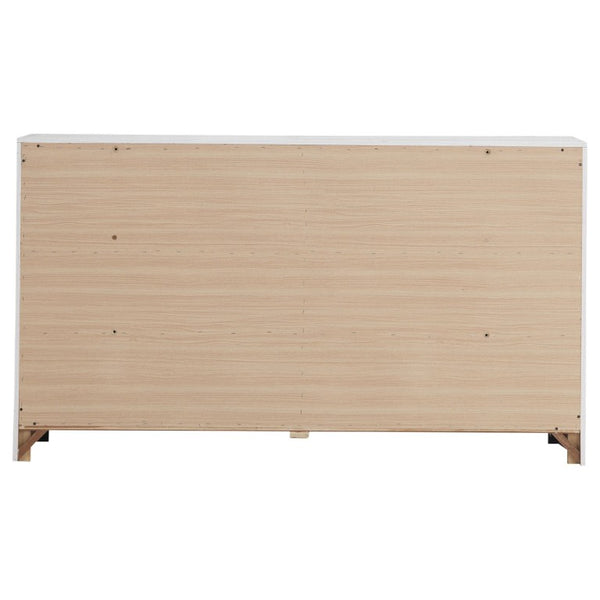 English Elm Kingsley Coastal White Queen Bedroom Set with Slatted Headboard and Bronze Pulls B2777S00244