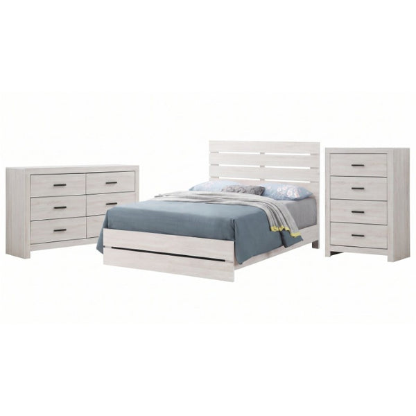 English Elm Kingsley Coastal White Queen Bedroom Set with Slatted Headboard and Bronze Pulls B2777S00244