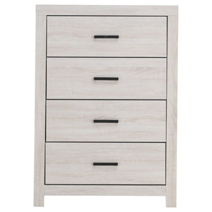 English Elm Kingsley Coastal White Queen Bedroom Set with Slatted Headboard and Bronze Pulls B2777S00244