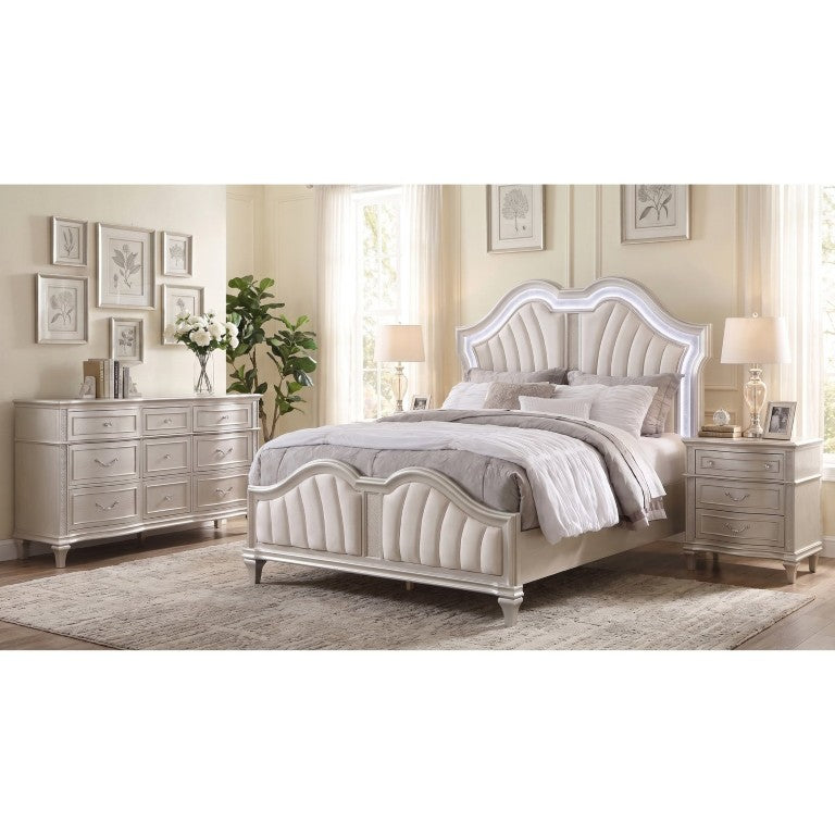 English Elm Rosalind Queen Bedroom Set with LED Headboard Chenille Upholstery and Glam Pearlescent Finish B2777S00252