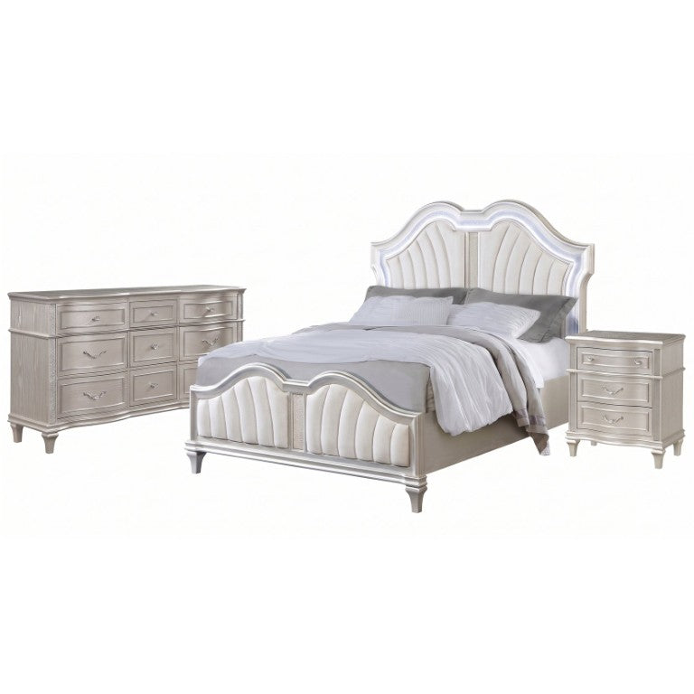 English Elm Rosalind Queen Bedroom Set with LED Headboard Chenille Upholstery and Glam Pearlescent Finish B2777S00252