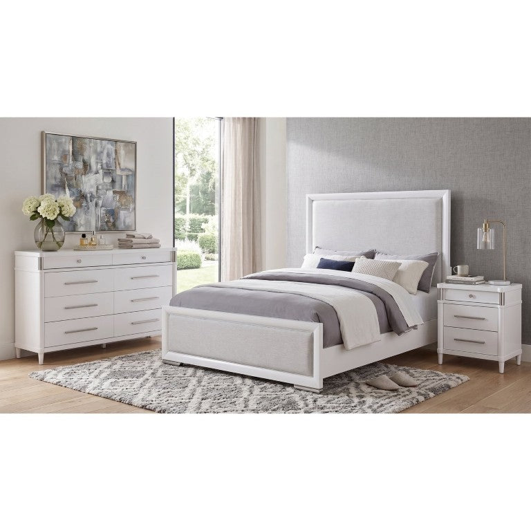 English Elm Hollowbrook White Queen Panel Bed Set with Grey Herringbone Upholstered Headboard B2777S00258