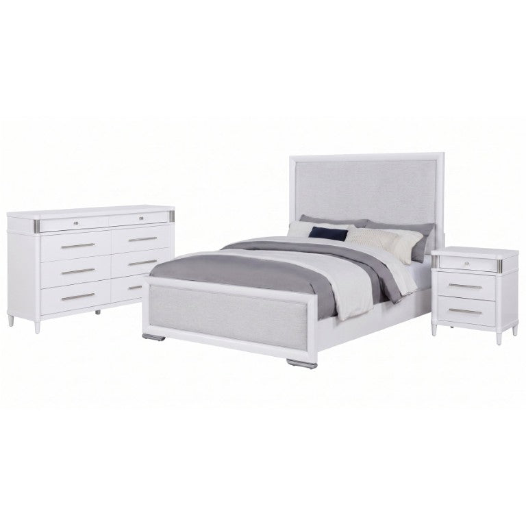 English Elm Hollowbrook White Queen Panel Bed Set with Grey Herringbone Upholstered Headboard B2777S00258
