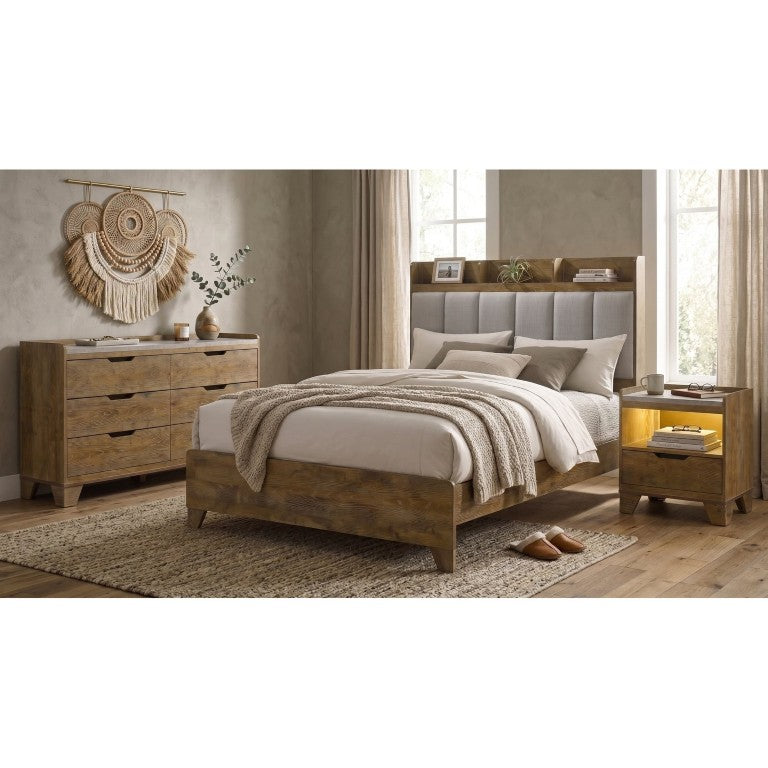 English Elm Whitfield Queen Bedroom Set Oak Grain Upholstered Headboard LED Charging Bookcase Bed B2777S00261