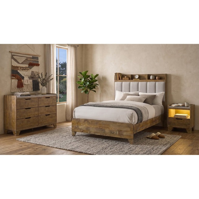 English Elm Whitfield Queen Bedroom Set Oak Grain Upholstered Headboard LED Charging Bookcase Bed B2777S00261
