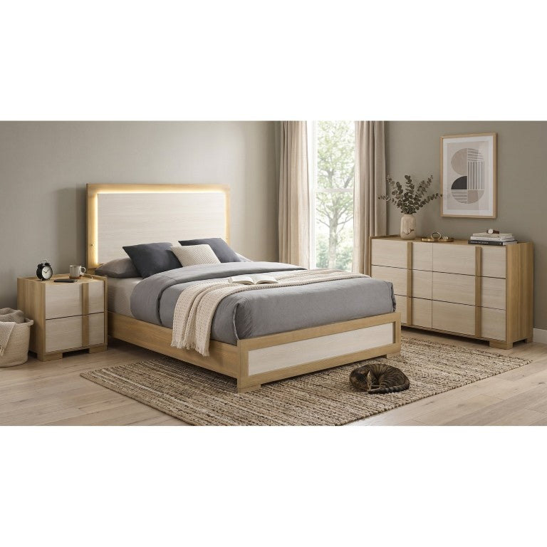 English Elm Highmoor Natural Wood Queen Bedroom Set with LED Headboard and White Panel Finish B2777S00264