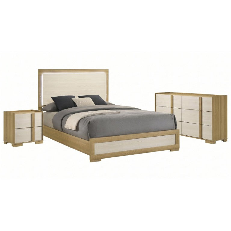 English Elm Highmoor Natural Wood Queen Bedroom Set with LED Headboard and White Panel Finish B2777S00264