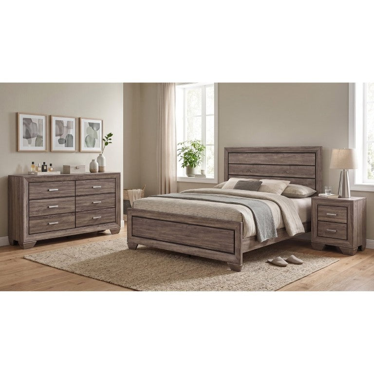 English Elm Brennan Taupe Oak Grain Panel Bed Set with High Headboard and Six Drawer Dresser B2777S00268