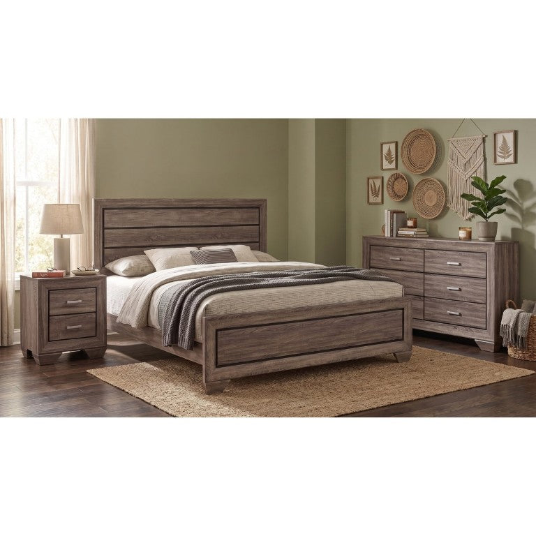 English Elm Brennan Taupe Oak Grain Panel Bed Set with High Headboard and Six Drawer Dresser B2777S00268