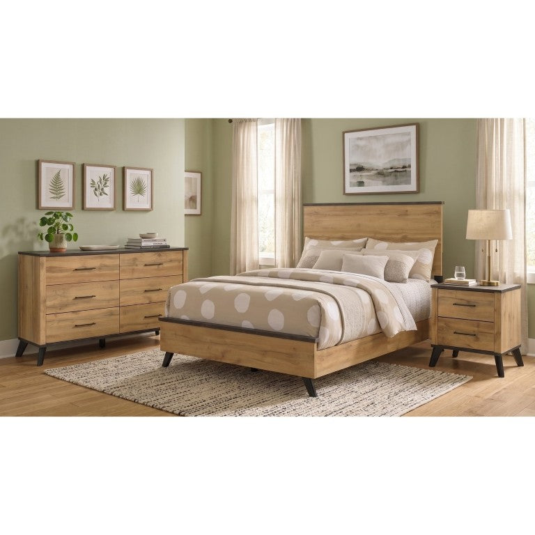 English Elm Elmwood Mid-Century Rustic Full Bedroom Set with Panel Bed Dresser and Nightstand B2777S00274