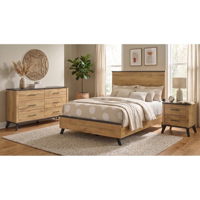 English Elm Elmwood Mid-Century Rustic Full Bedroom Set with Panel Bed Dresser and Nightstand B2777S00274