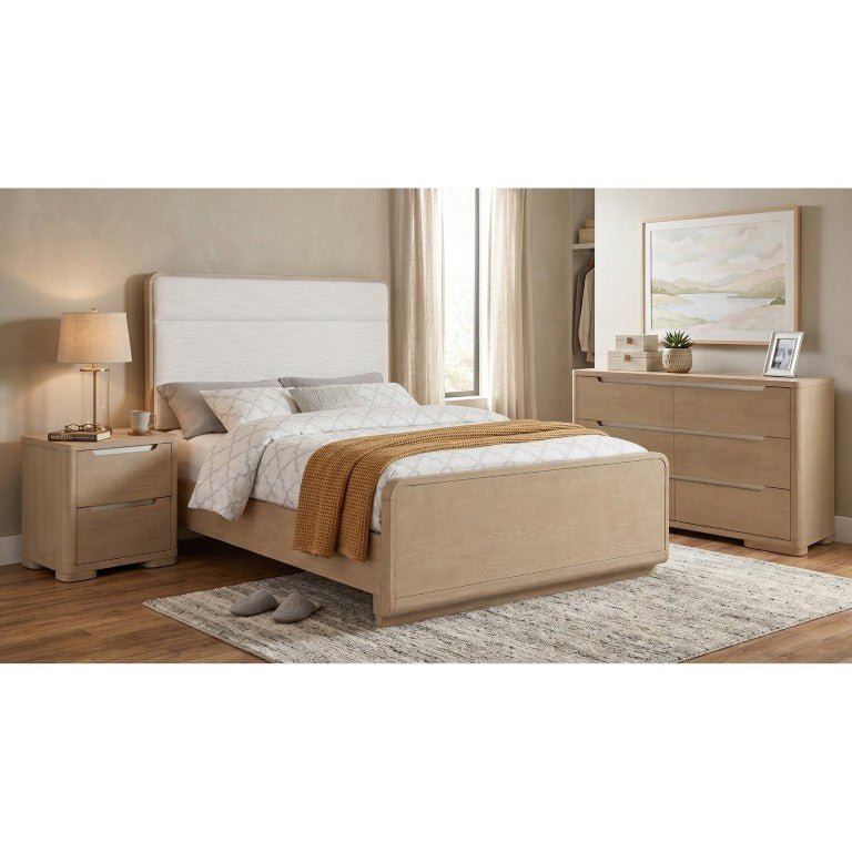 English Elm Serrano Queen Bedroom Set Boucle Headboard Light Elm Dresser Nightstand Included B2777S00277