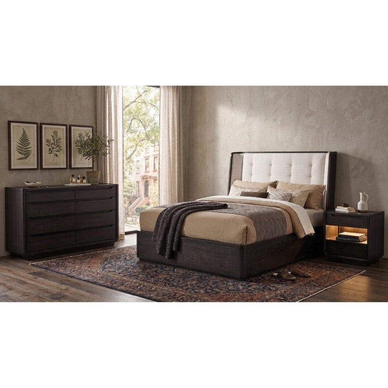 English Elm Marcello Queen Bedroom Set with Tufted Wingback Bed LED Nightstand and Wide Dresser B2777S00278