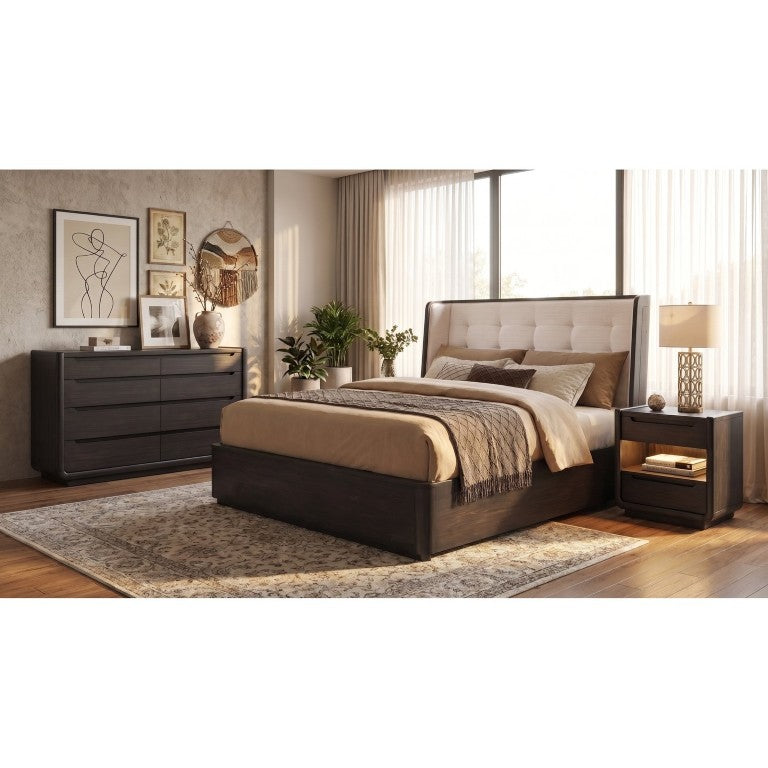 English Elm Marcello Tufted Wingback King Bedroom Set with LED Nightstand in Burnished Black B2777S00279