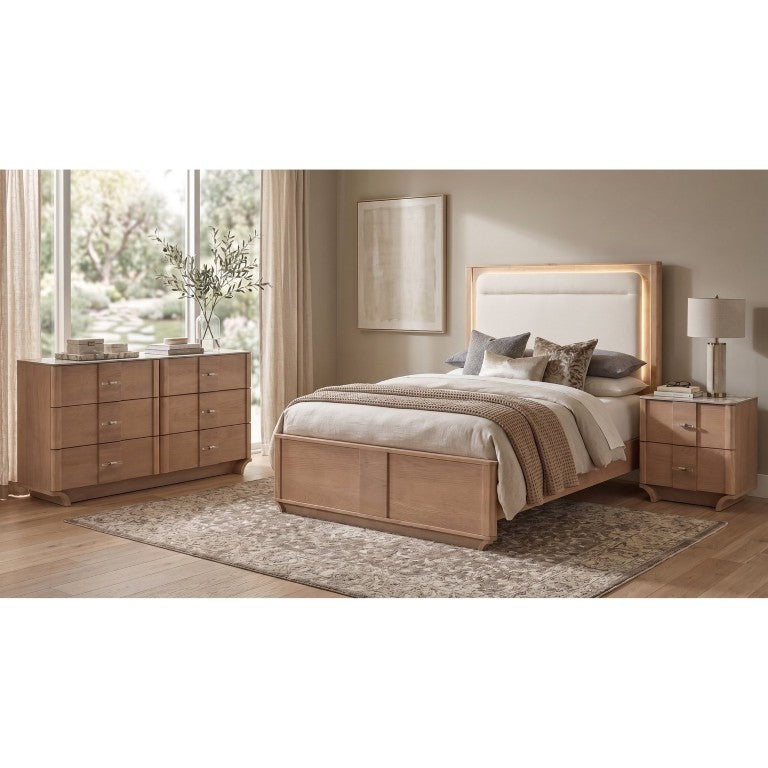 English Elm Adeline Queen Bedroom Set with LED Headboard Sintered Stone Tops and Light Oak Finish B2777S00280