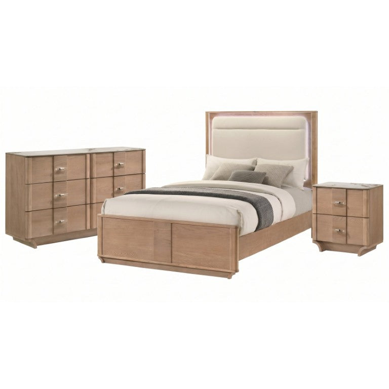 English Elm Adeline Queen Bedroom Set with LED Headboard Sintered Stone Tops and Light Oak Finish B2777S00280
