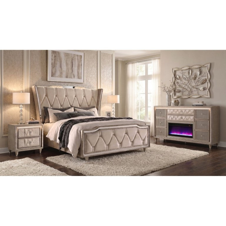 English Elm Provence Queen Bedroom Set Velvet Tufted Wingback Glam LED Accent 3 Piece Suite B2777S00283
