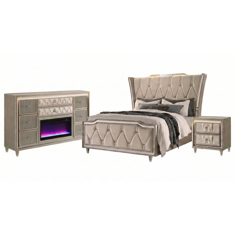English Elm Provence Queen Bedroom Set Velvet Tufted Wingback Glam LED Accent 3 Piece Suite B2777S00283