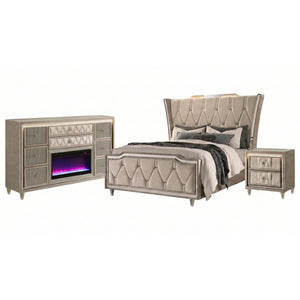 English Elm Provence Queen Bedroom Set Velvet Tufted Wingback Glam LED Accent 3 Piece Suite B2777S00283