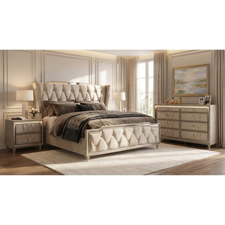 English Elm Provence Quilted Velvet Eastern King Bedroom Set with LED Crown Glow and Crystal Knobs B2777S00284