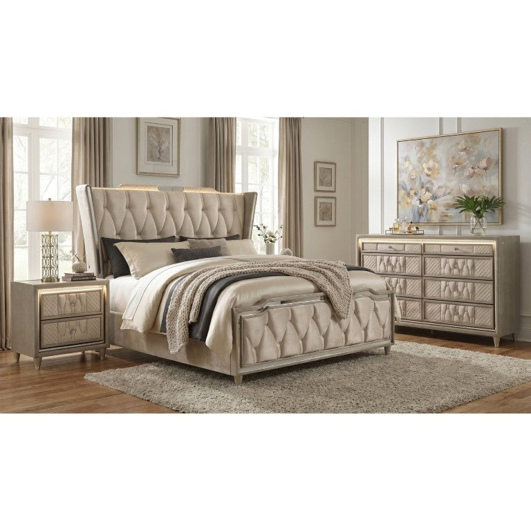 English Elm Provence Quilted Velvet Eastern King Bedroom Set with LED Crown Glow and Crystal Knobs B2777S00284