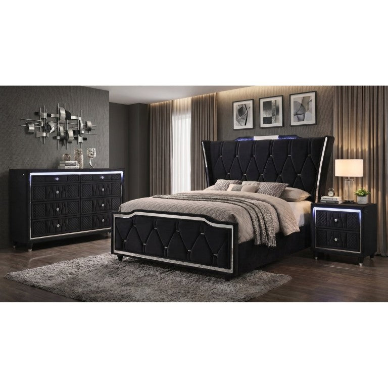 English Elm Provence Queen Bedroom Set Black Velvet Wingback Bed with LED Lighting and Crystal Knobs B2777S00286