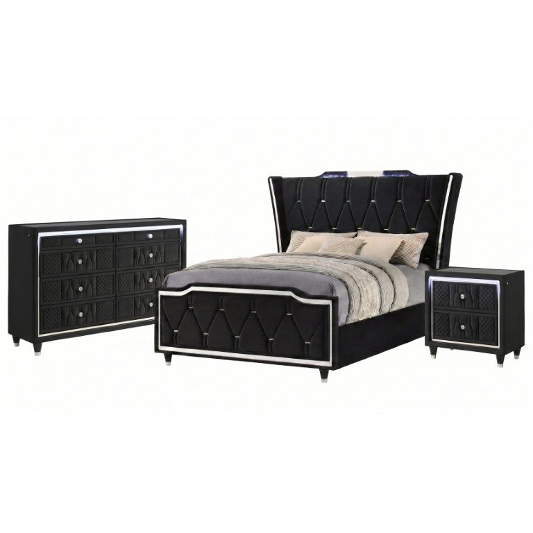 English Elm Provence Queen Bedroom Set Black Velvet Wingback Bed with LED Lighting and Crystal Knobs B2777S00286