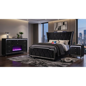 English Elm Provence Queen Bedroom Set with Velvet Tufted Wingback Bed LED Dresser and Nightstand B2777S00287