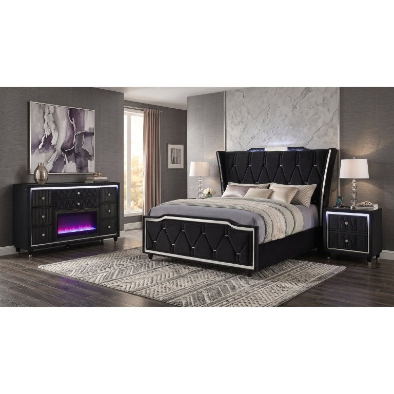 English Elm Provence Queen Bedroom Set with Velvet Tufted Wingback Bed LED Dresser and Nightstand B2777S00287