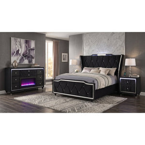 English Elm Provence Queen Bedroom Set with Velvet Tufted Wingback Bed LED Dresser and Nightstand B2777S00287