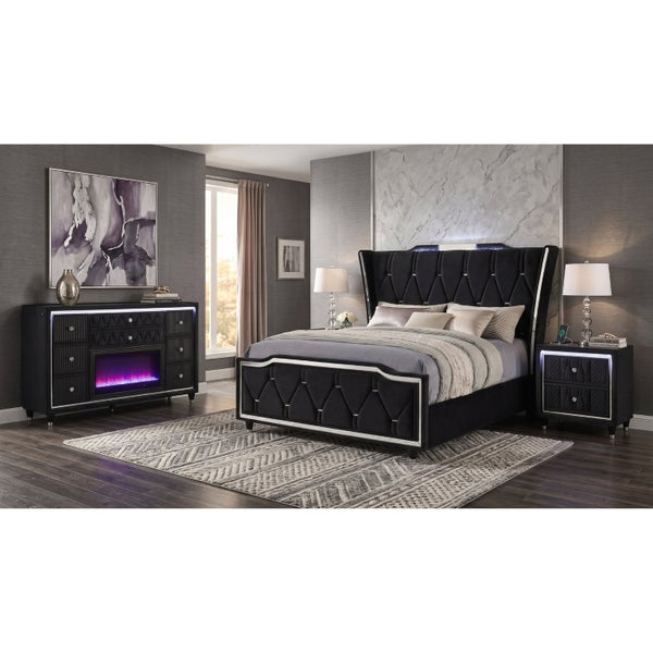 English Elm Provence Queen Bedroom Set with Velvet Tufted Wingback Bed LED Dresser and Nightstand B2777S00287