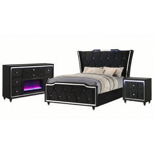 English Elm Provence Queen Bedroom Set with Velvet Tufted Wingback Bed LED Dresser and Nightstand B2777S00287