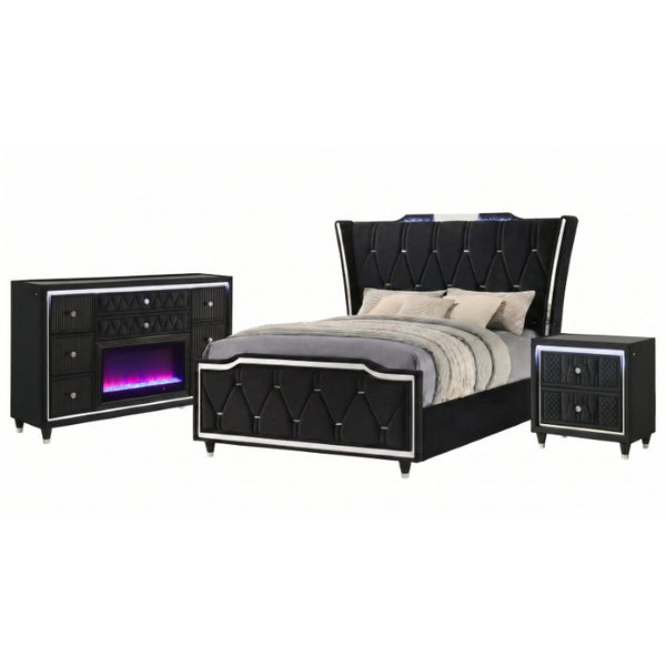 English Elm Provence Queen Bedroom Set with Velvet Tufted Wingback Bed LED Dresser and Nightstand B2777S00287