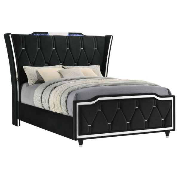 English Elm Provence Queen Bedroom Set with Velvet Tufted Wingback Bed LED Dresser and Nightstand B2777S00287