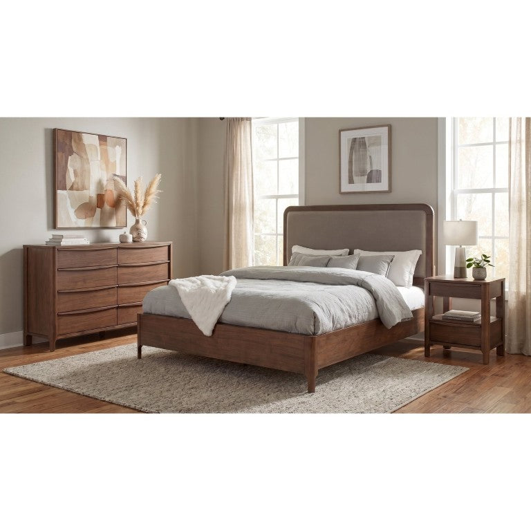 English Elm Santorini Walnut Veneer Eastern King Bedroom Set with Upholstered Headboard and Storage B2777S00294