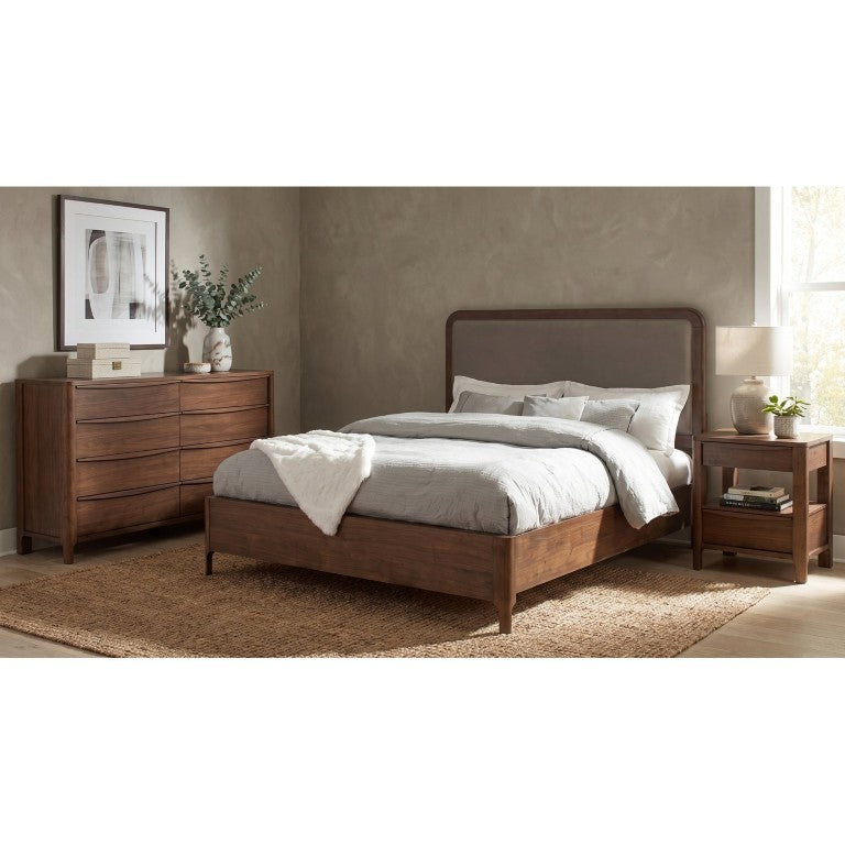 English Elm Santorini Walnut Veneer Eastern King Bedroom Set with Upholstered Headboard and Storage B2777S00294