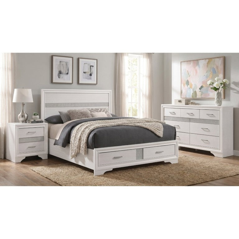 English Elm Isadora White Queen Bedroom Set with Glam Accent Panels and Built-In Storage Drawers B2777S00305