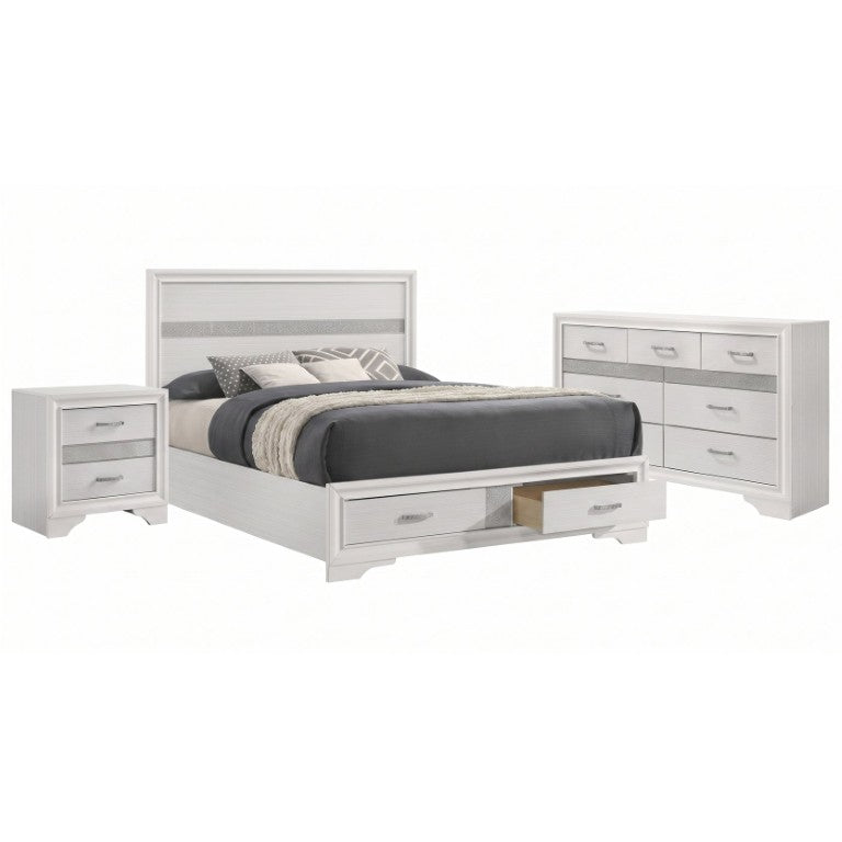 English Elm Isadora White Queen Bedroom Set with Glam Accent Panels and Built-In Storage Drawers B2777S00305