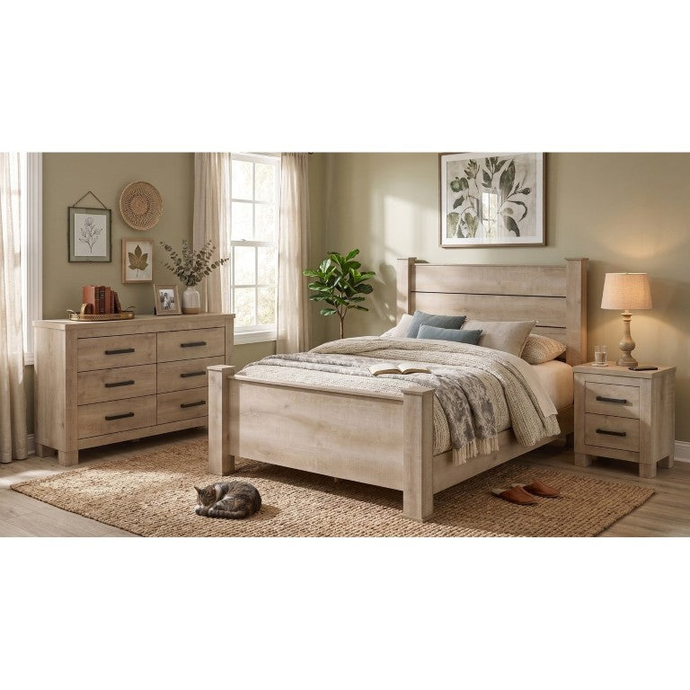 English Elm Cedarvale Planked Eastern King Bedroom Set with Lodge Rustic Oak Finish and Bronze Pulls B2777S00315