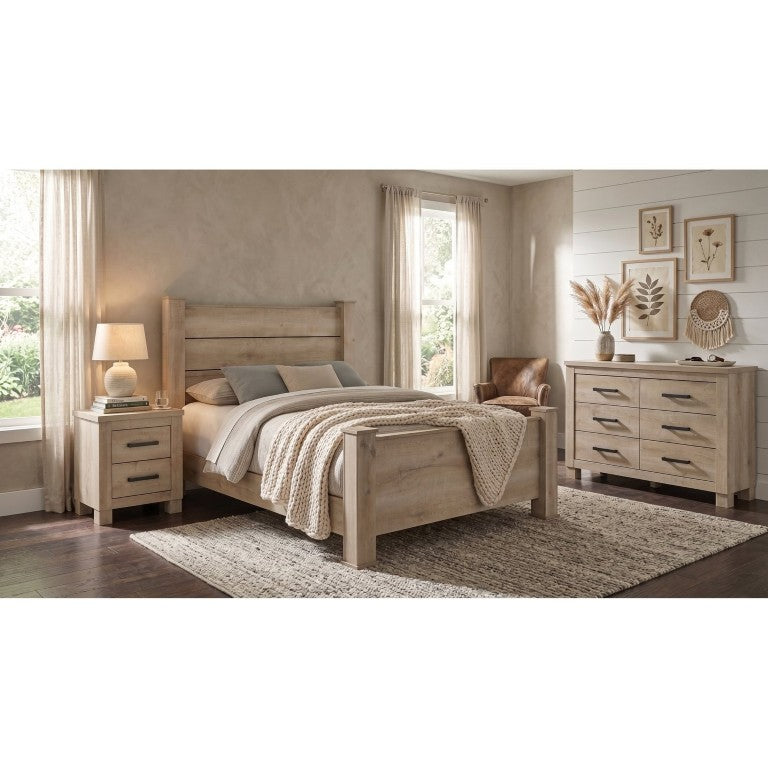 English Elm Cedarvale Planked Eastern King Bedroom Set with Lodge Rustic Oak Finish and Bronze Pulls B2777S00315