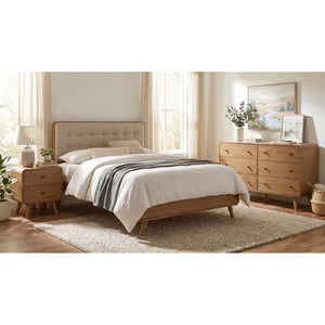 English Elm Wren Light Ash Platform Bedroom Set Mid-Century Tufted Headboard with USB Nightstands Standard B2777S00323