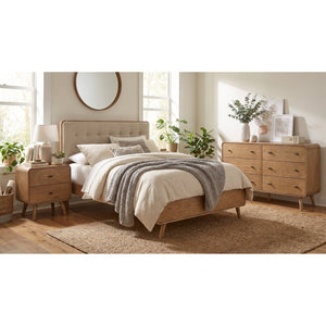 English Elm Wren Light Ash Platform Bedroom Set Mid-Century Tufted Headboard with USB Nightstands Standard B2777S00323