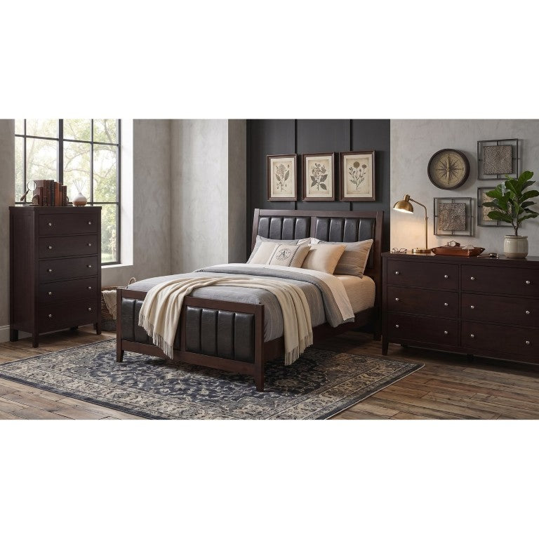 English Elm Winthrop Queen Bedroom Set with Channel Stitch Leatherette Bed and Cappuccino Finish B2777S00326