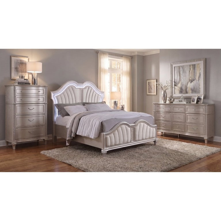 English Elm Rosalind Queen Bedroom Set Ivory Chenille Arch Bed Glam Silver Oak Pearl Hardware B2777S00331
